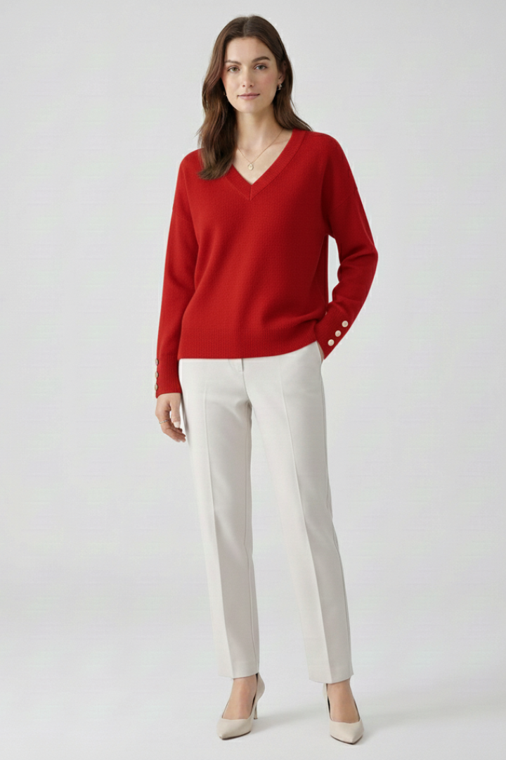 Women’s V-Neck Sweater with Dropped Shoulders and Buttoned Cuffs