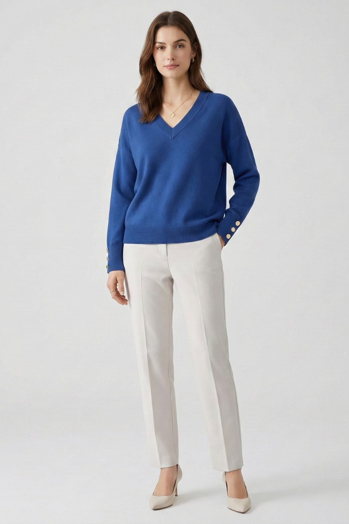 Women’s V-Neck Sweater with Dropped Shoulders and Buttoned Cuffs