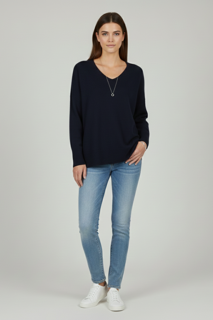 Women’s V-Neck Sweater with Dropped Shoulders and Straight Hem