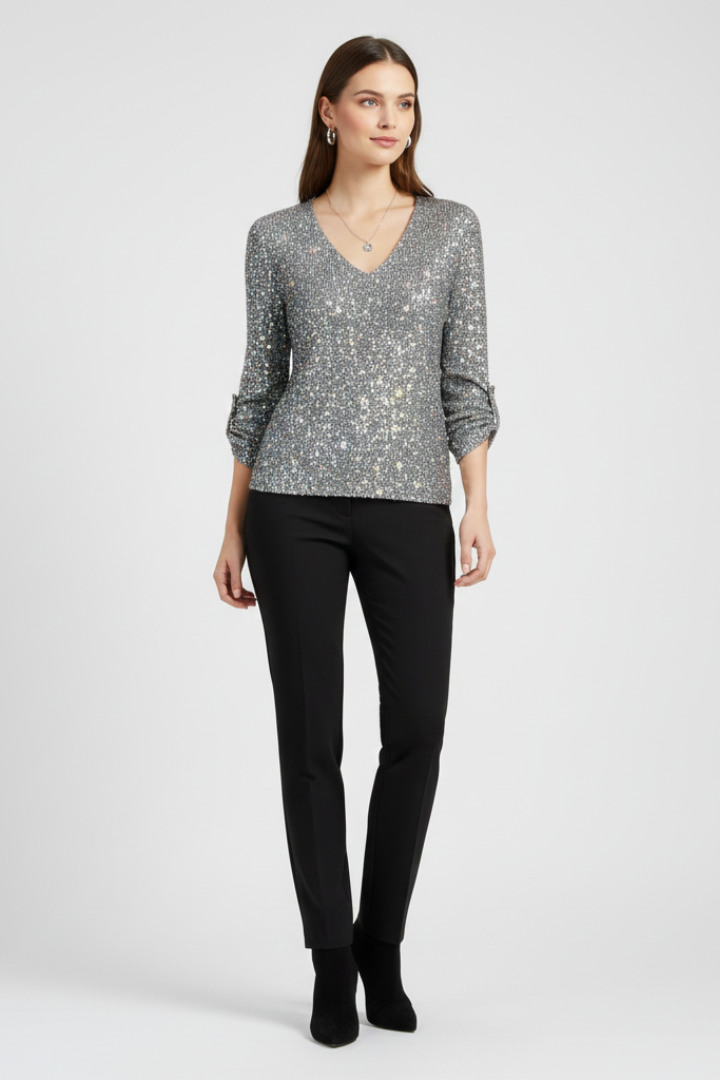 Women’s V-Neck Top with Sequins and Long Sleeves