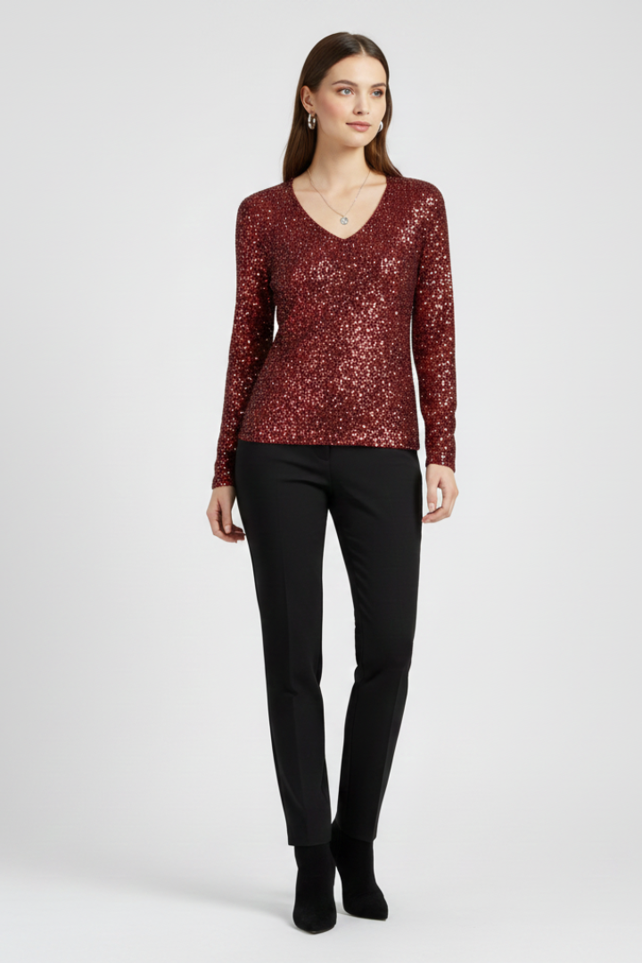 Women’s V-Neck Top with Sequins and Long Sleeves