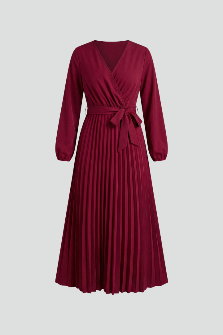 Women’s V-neck Maxi Dress with Pleated Skirt and Tie Waist