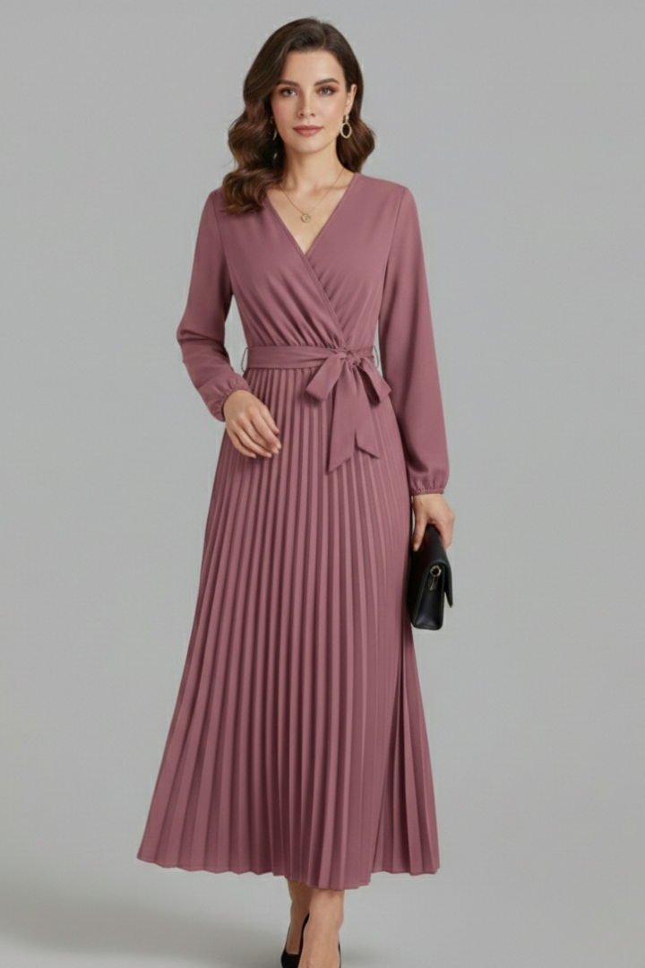Women’s V-neck Maxi Dress with Pleated Skirt and Tie Waist