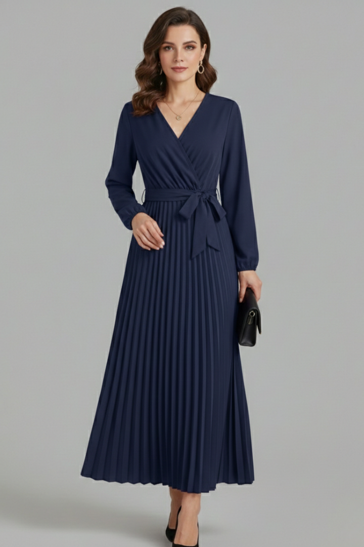 Women’s V-neck Maxi Dress with Pleated Skirt and Tie Waist
