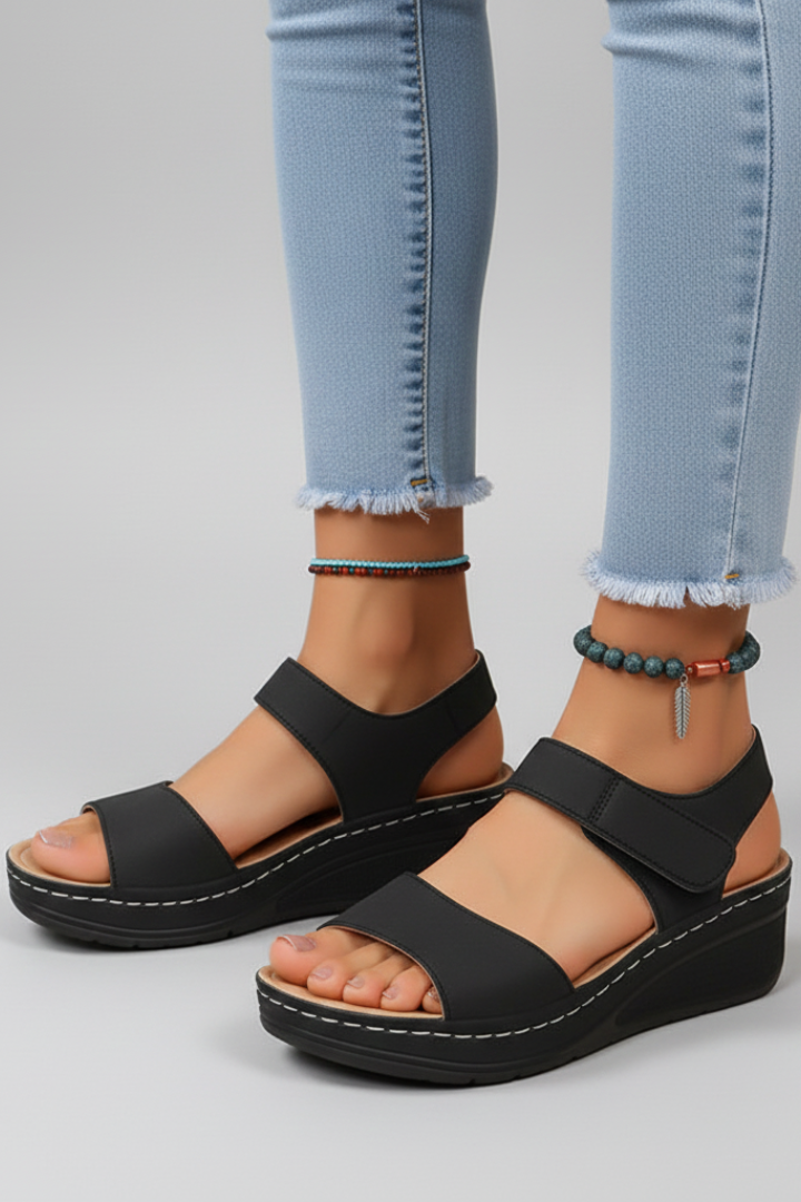 Women’s Wedge Sandals with Hook-and-Loop Straps and Open Toe