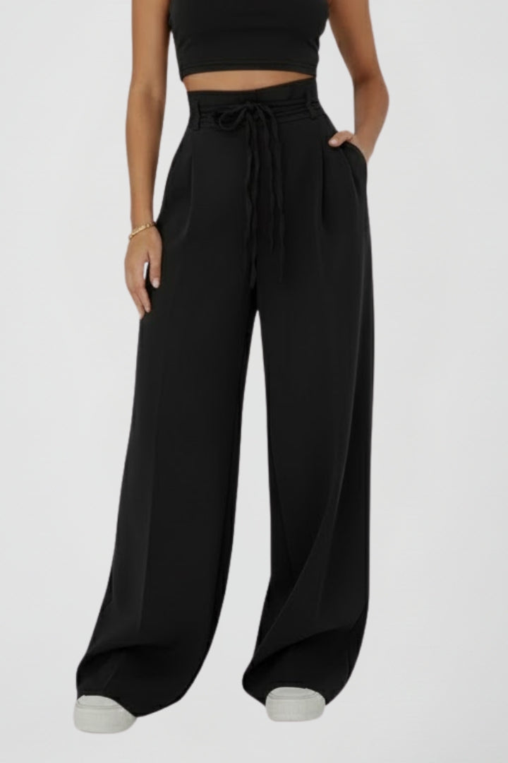 Women’s Wide Leg Trousers with Tie Waist and High Rise