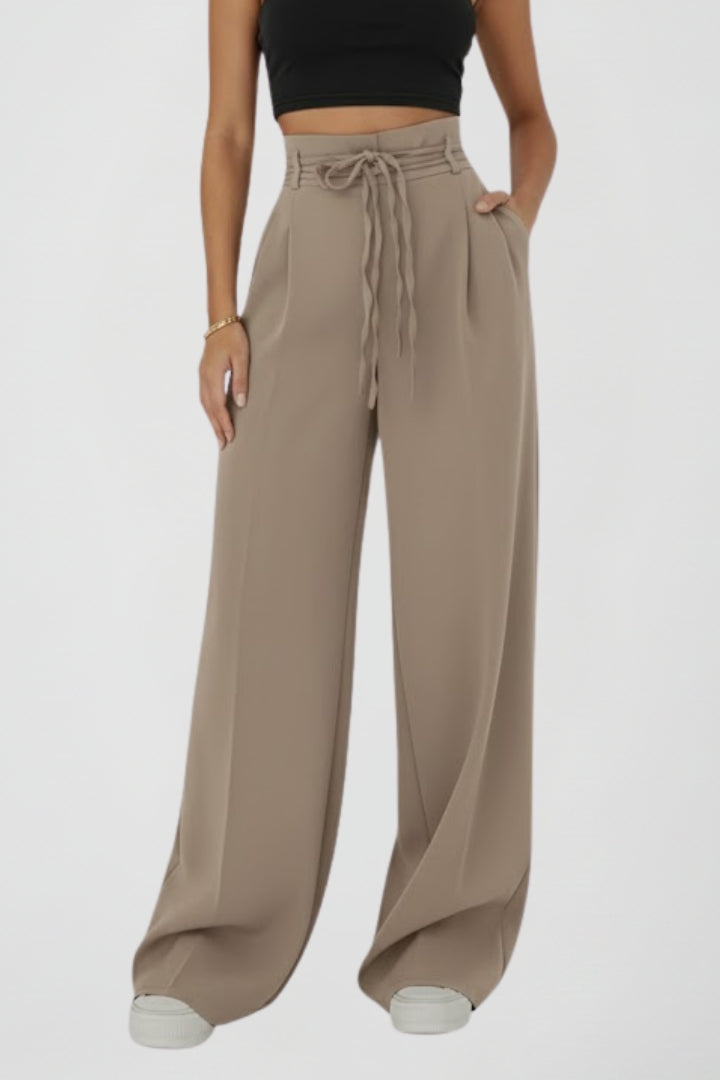 Women’s Wide Leg Trousers with Tie Waist and High Rise