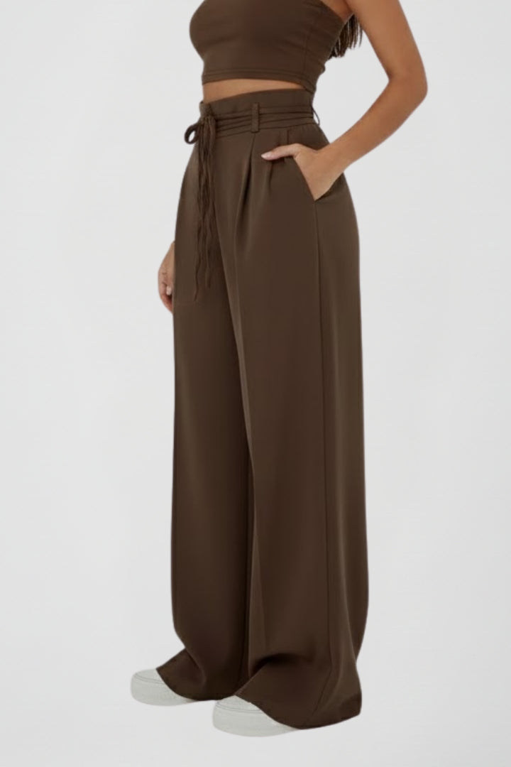 Women’s Wide Leg Trousers with Tie Waist and High Rise