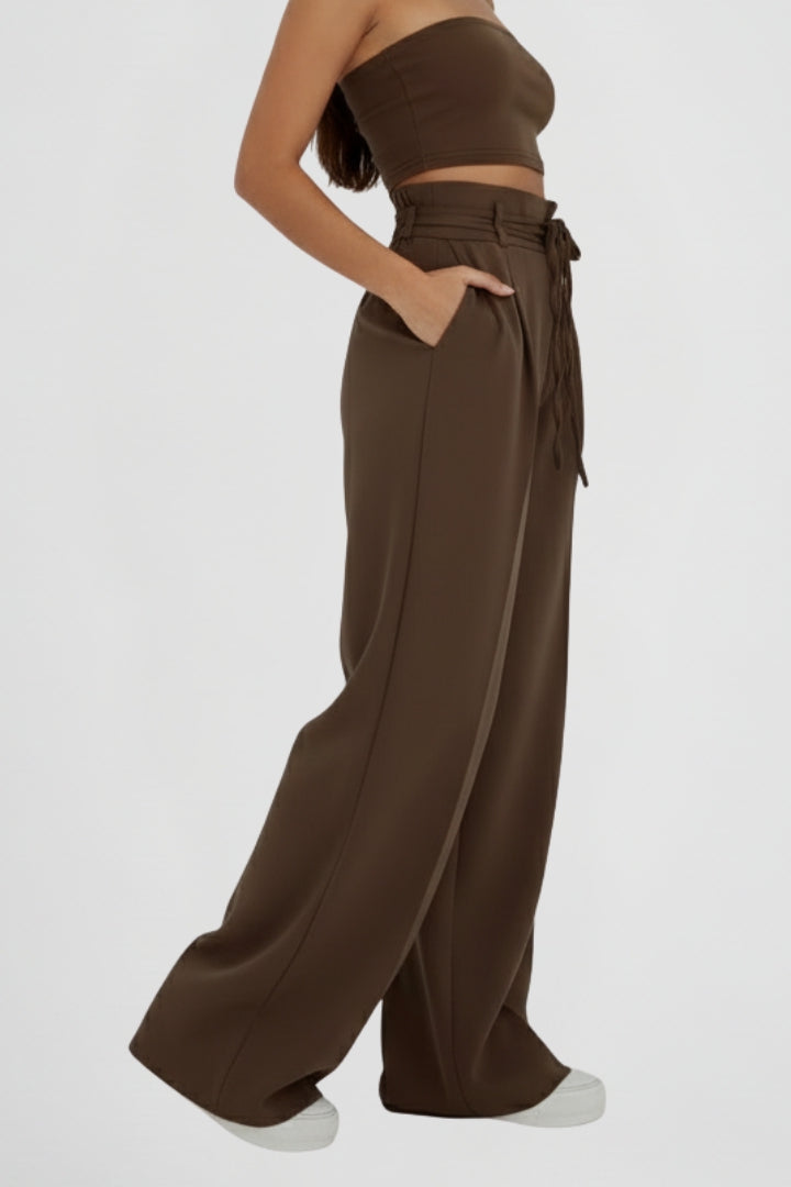 Women’s Wide Leg Trousers with Tie Waist and High Rise