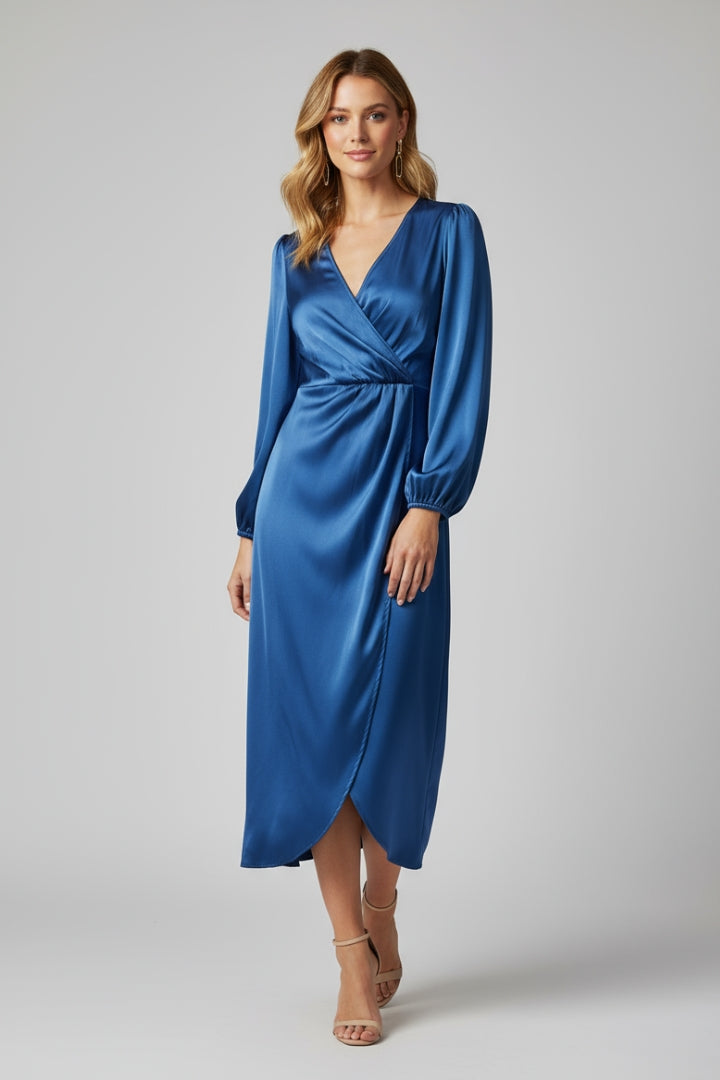 Women’s Wrap Dress with Deep V Neckline and Long Sleeves