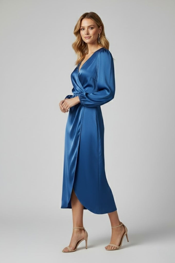 Women’s Wrap Dress with Deep V Neckline and Long Sleeves