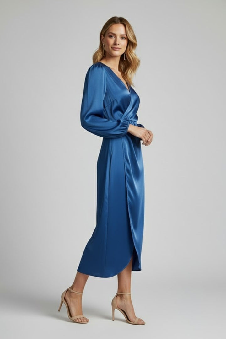 Women’s Wrap Dress with Deep V Neckline and Long Sleeves