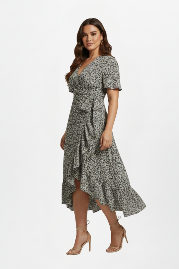 Women’s Wrap Dress with V-Neckline and Short Sleeves