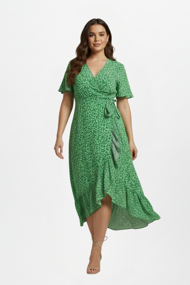 Women’s Wrap Dress with V-Neckline and Short Sleeves
