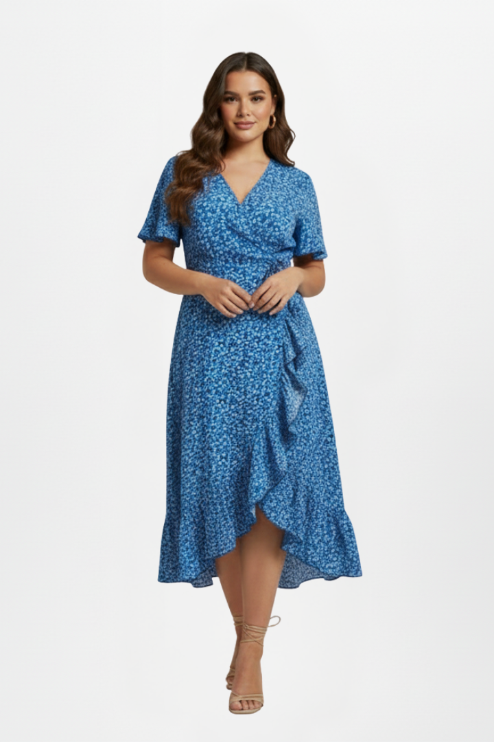 Women’s Wrap Dress with V-Neckline and Short Sleeves