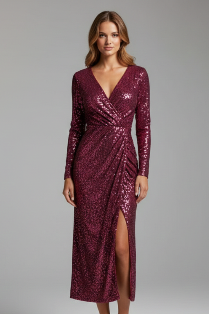 Women’s Wrap Dress with V Neck and Side Slit