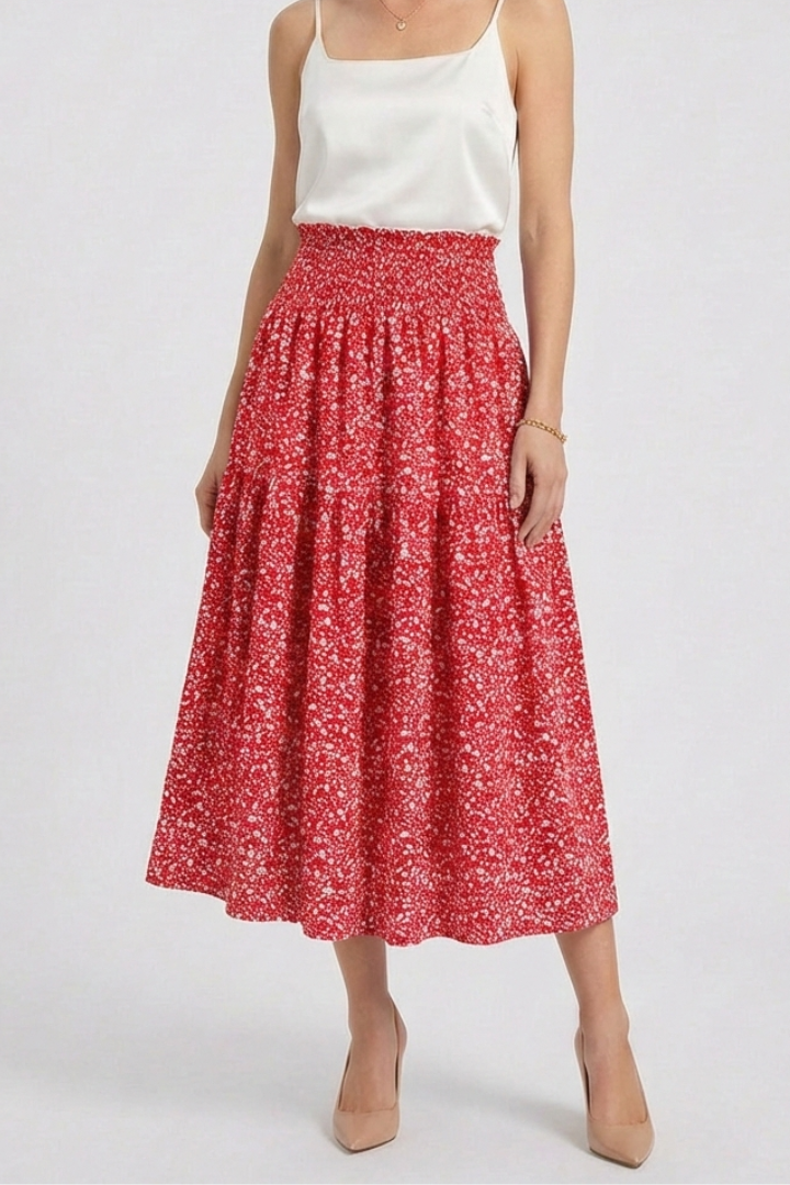 Women’s Midi Skirt with Elastic Waist and Floral Print