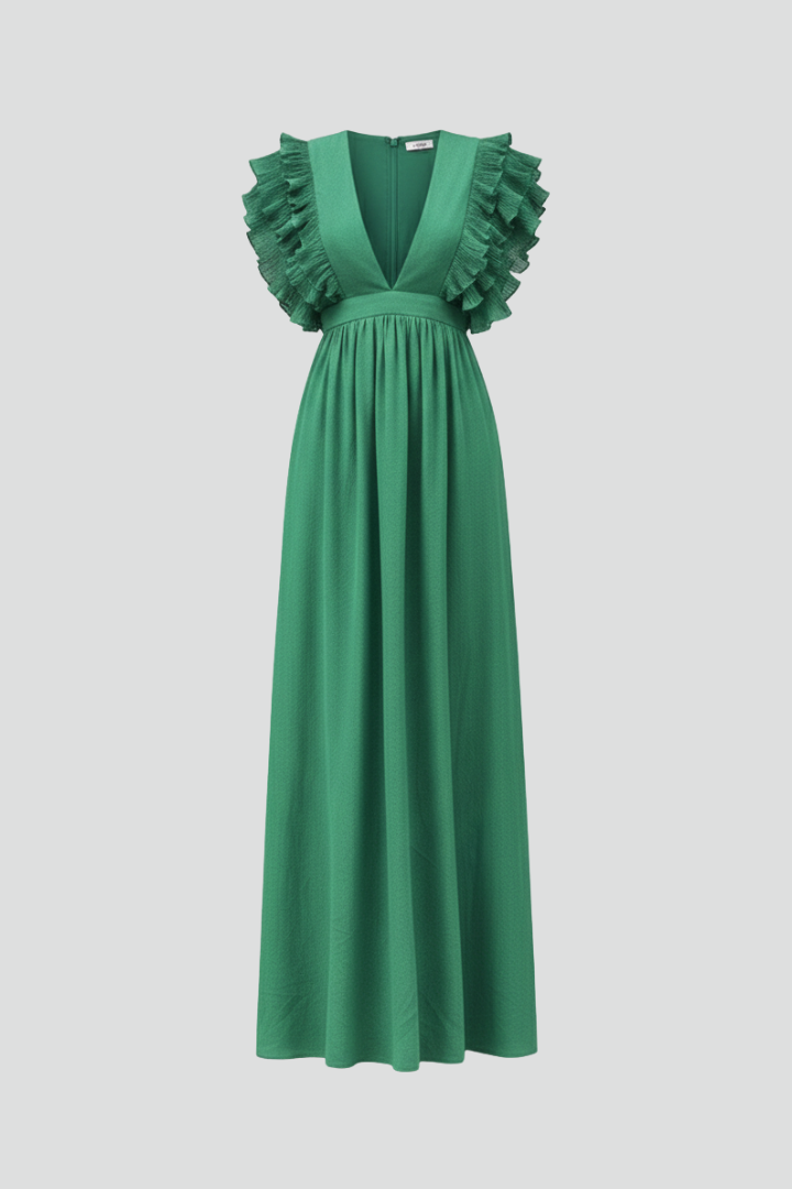 Women’s long dress with V-neck and ruffled sleeves