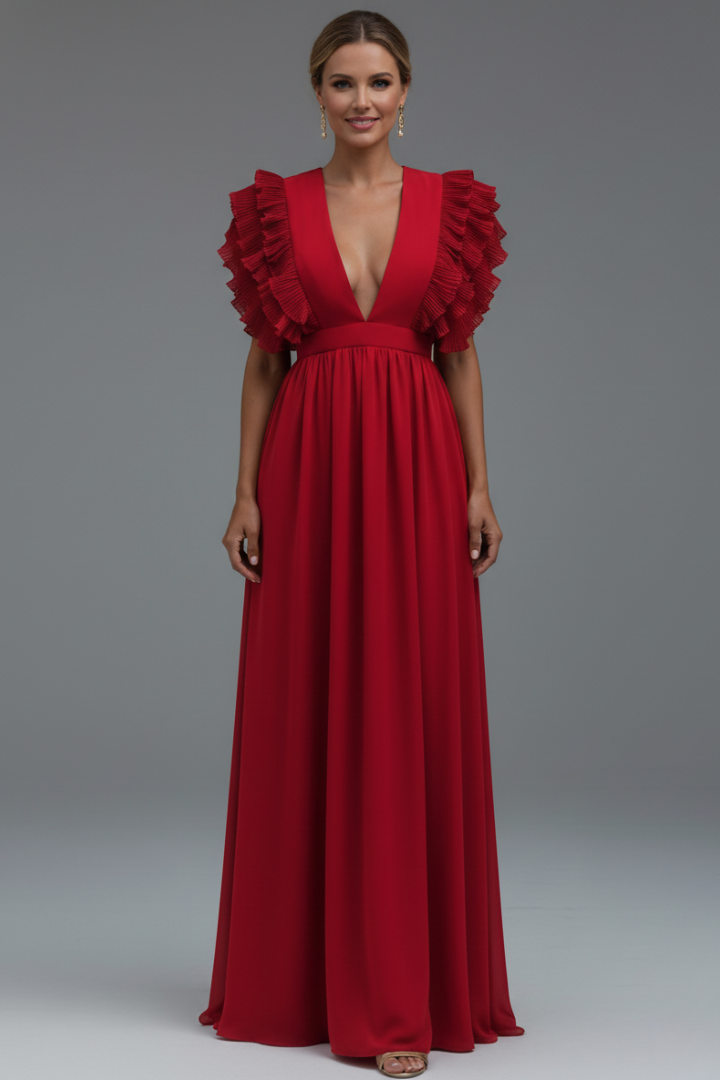 Women’s long dress with V-neck and ruffled sleeves