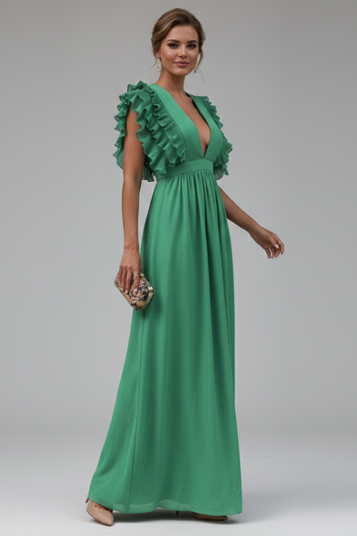 Women’s long dress with V-neck and ruffled sleeves