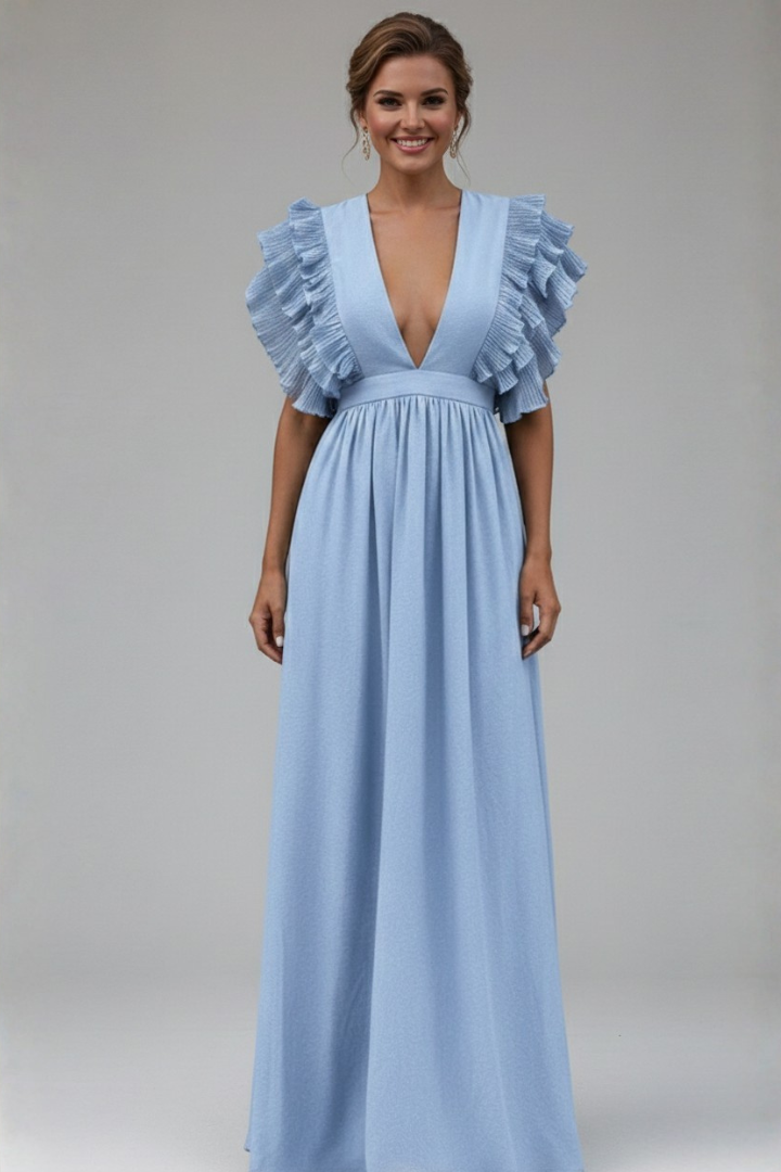 Women’s long dress with V-neck and ruffled sleeves