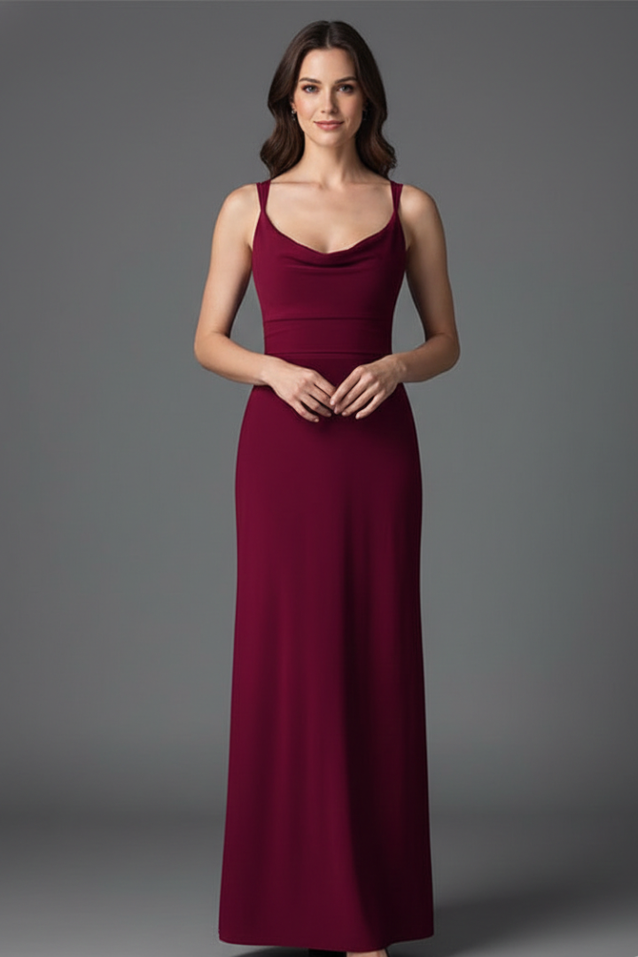 Women’s long dress with square neckline and draped skirt