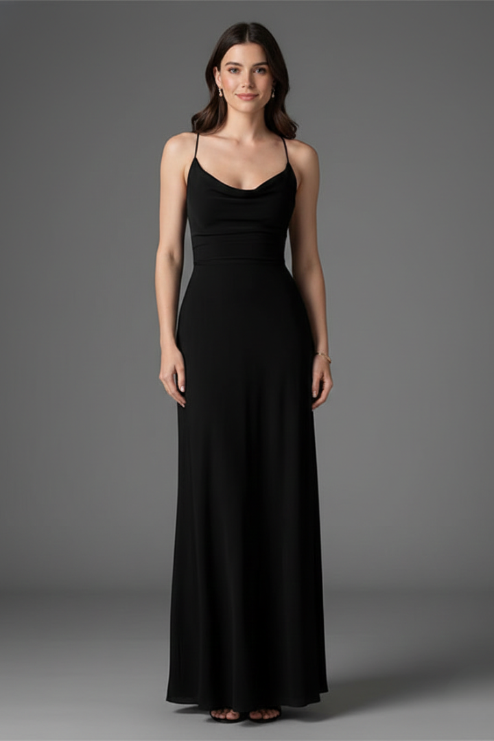 Women’s long dress with square neckline and draped skirt