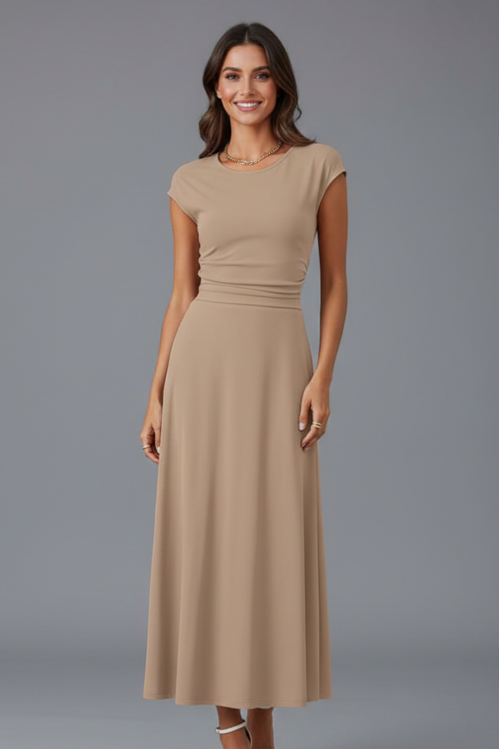 Women’s midi dress with high waist and cap sleeves