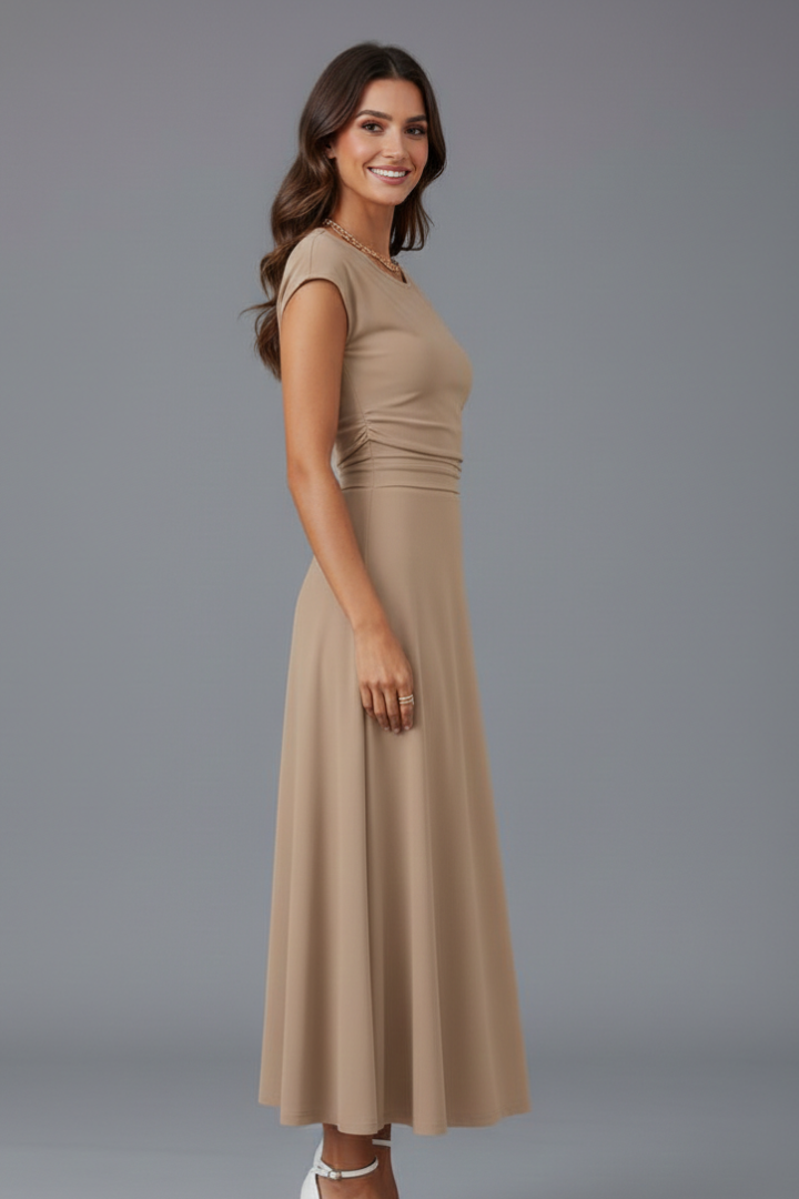 Women’s midi dress with high waist and cap sleeves