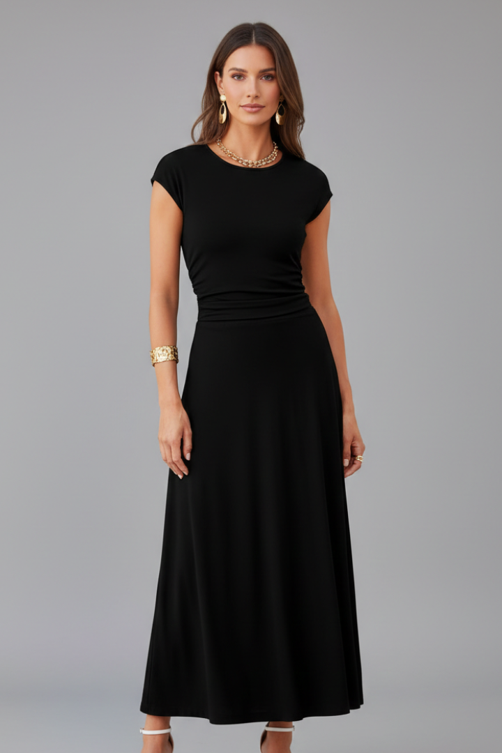 Women’s midi dress with high waist and cap sleeves
