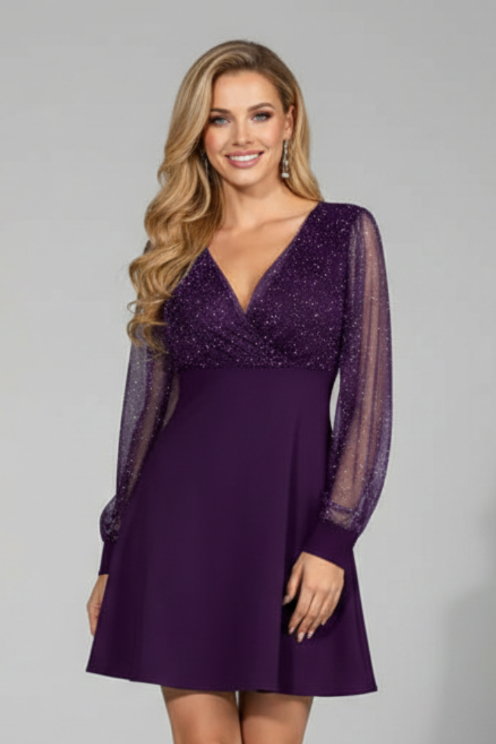 Women’s short dress with V-neck and sheer sleeves