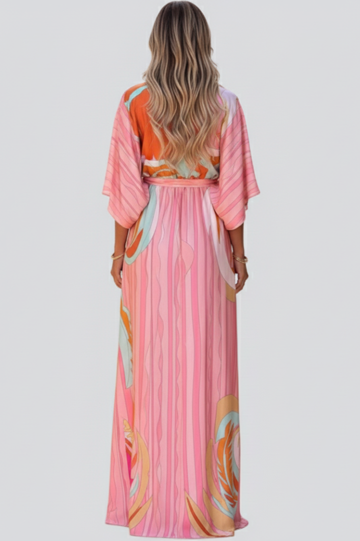 Women’s Long Dress with V-Neck and Belted Waist