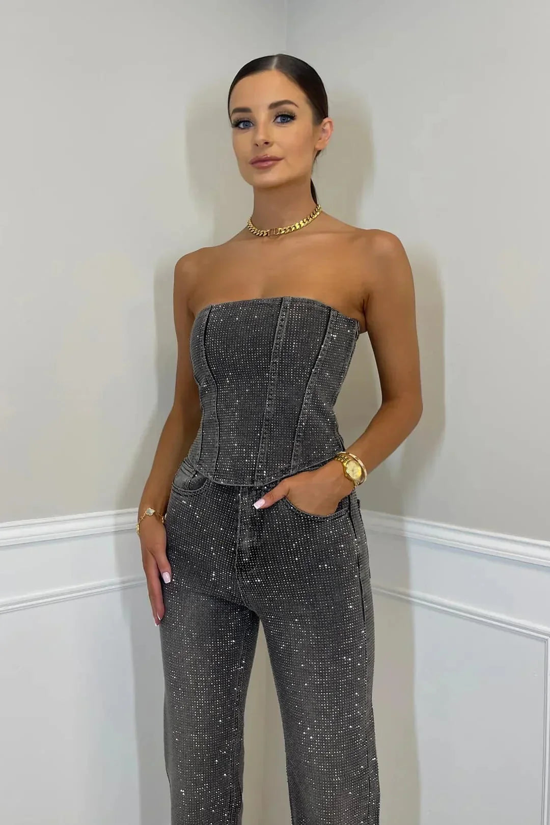 Women’s Strapless Top with High-Waisted Trousers Set
