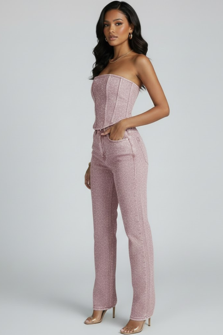 Women’s Strapless Top with High-Waisted Trousers Set