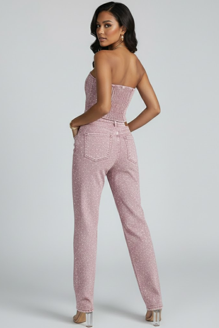 Women’s Strapless Top with High-Waisted Trousers Set