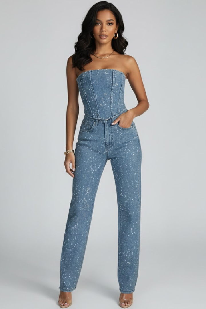 Women’s Strapless Top with High-Waisted Trousers Set