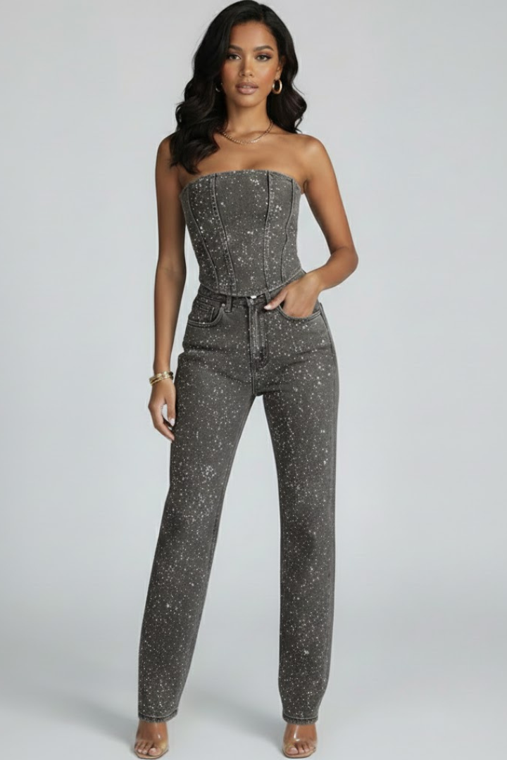 Women’s Strapless Top with High-Waisted Trousers Set