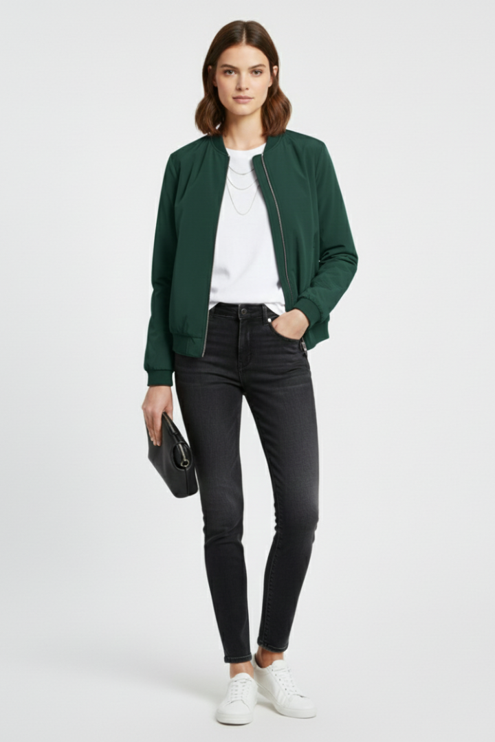 Women’s Bomber Jacket with Ribbed Details and Zipper Closure