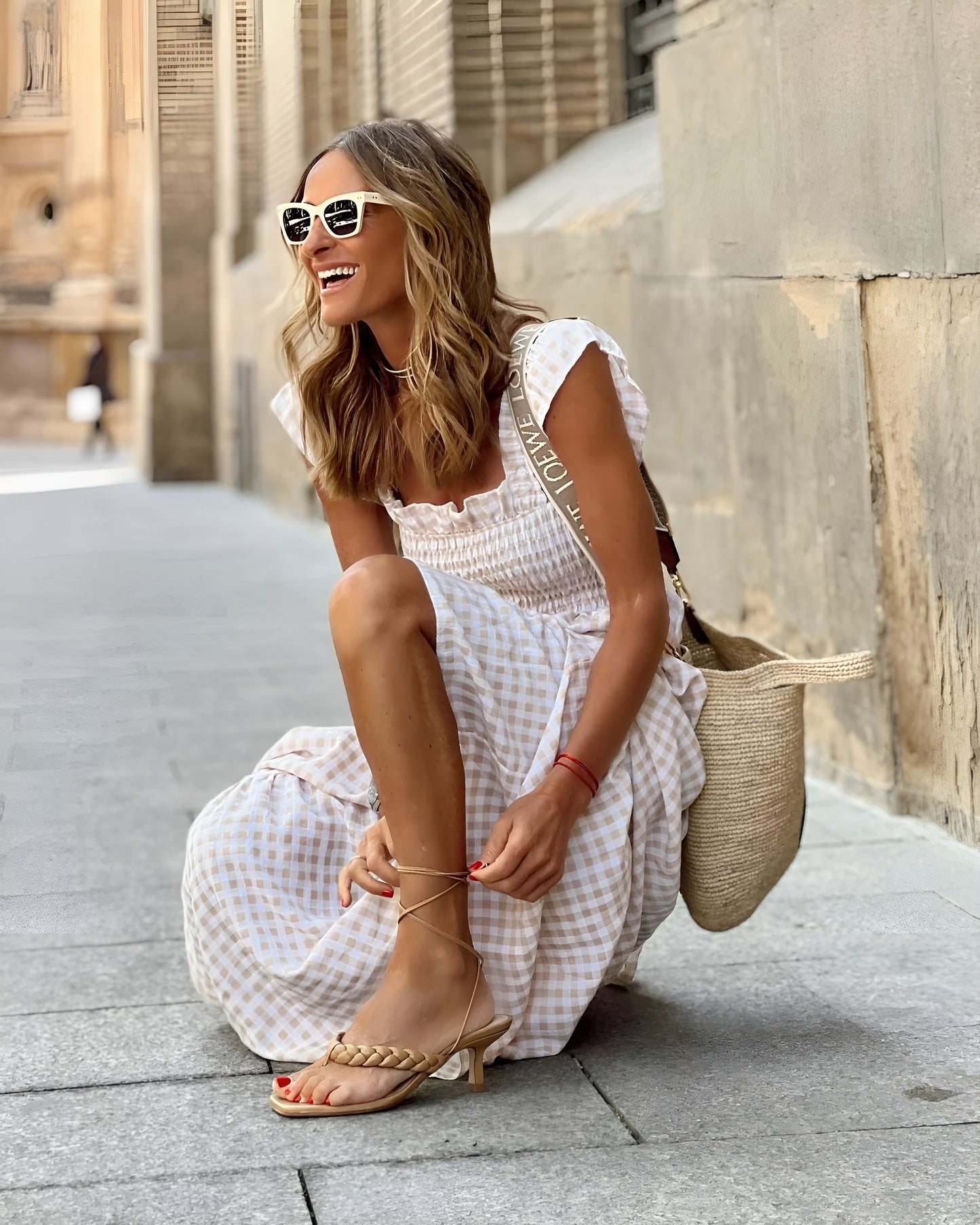 Plaid Maxi Dress with Ruffled Sleeves for Women