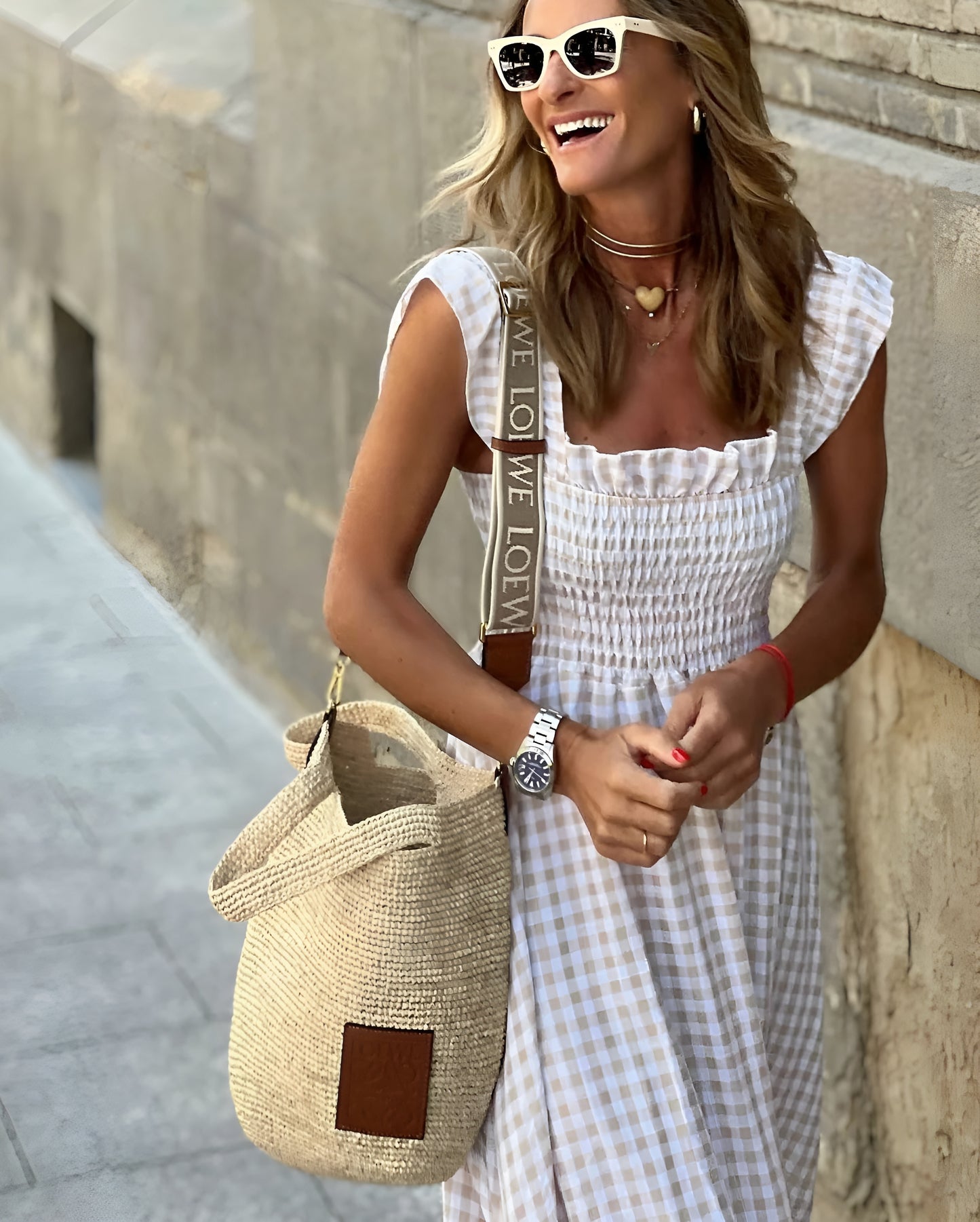 Plaid Maxi Dress with Ruffled Sleeves for Women