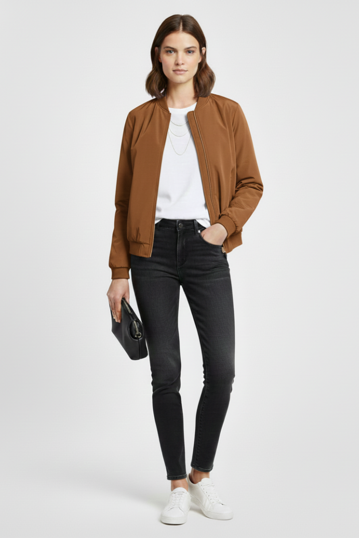 Women’s Bomber Jacket with Ribbed Details and Zipper Closure