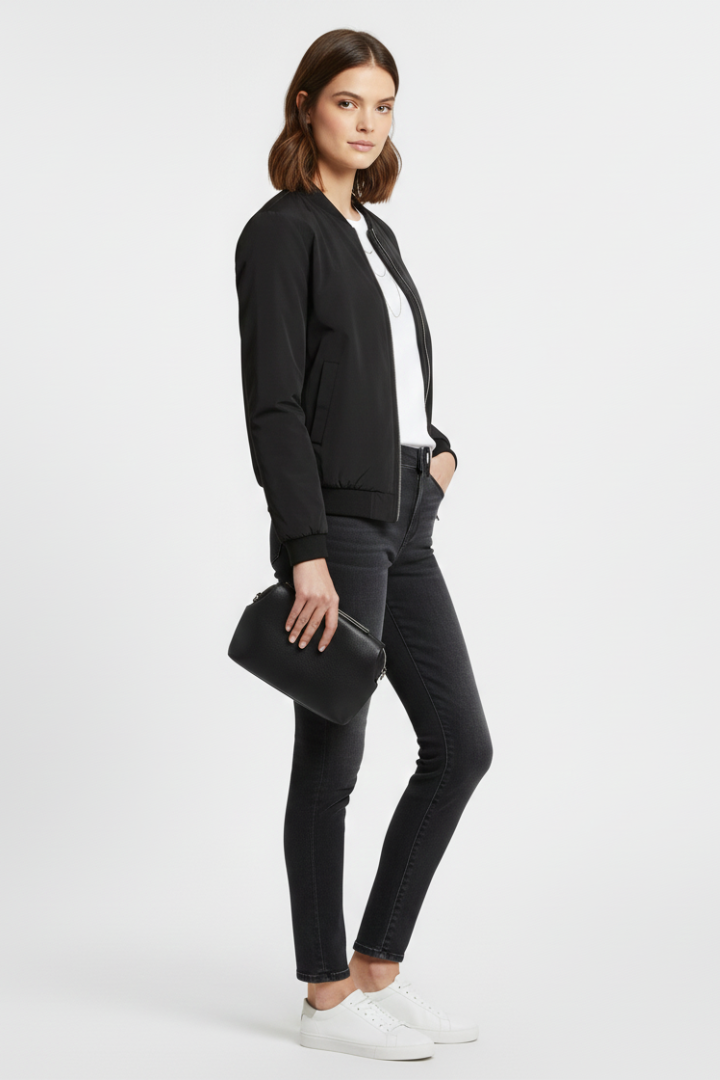 Women’s Bomber Jacket with Ribbed Details and Zipper Closure