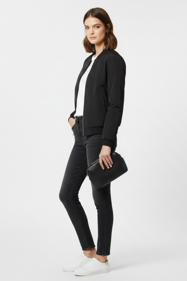 Women’s Bomber Jacket with Ribbed Details and Zipper Closure