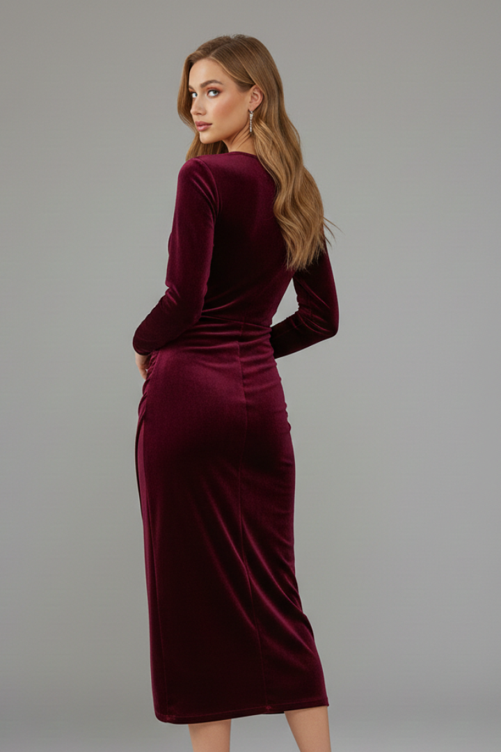 Women’s Midi Dress with V Neckline and Long Sleeves