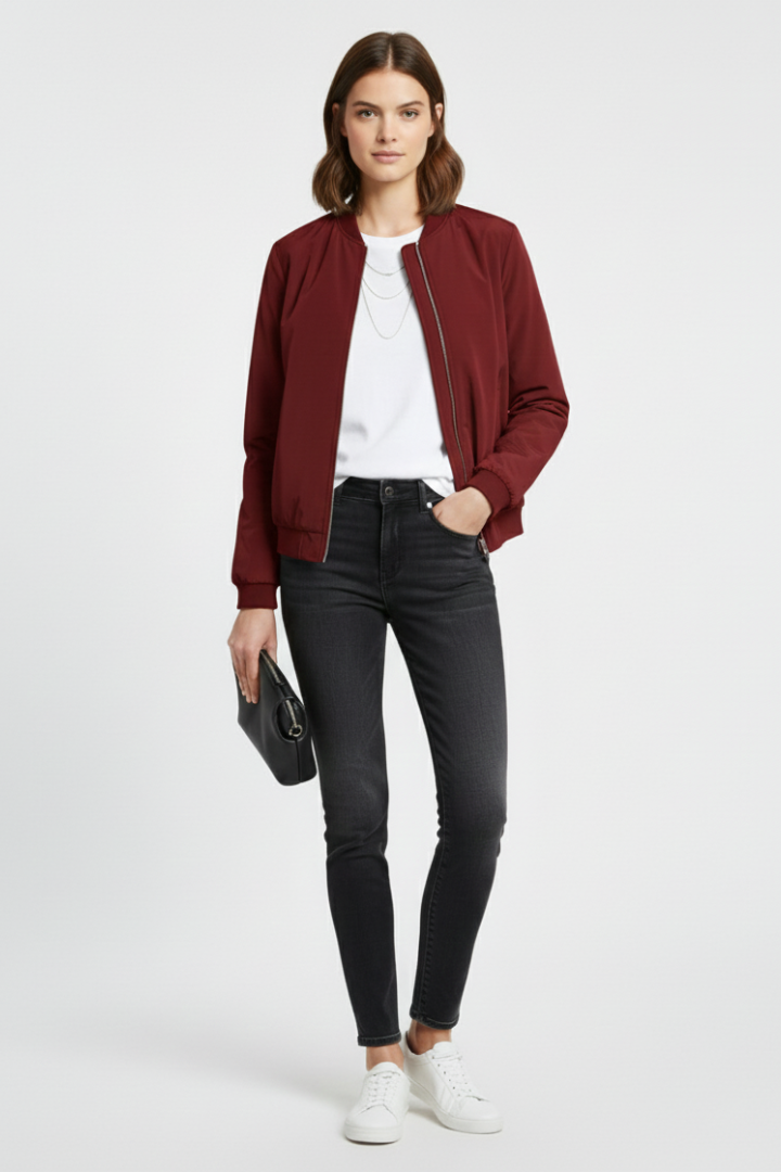 Women’s Bomber Jacket with Ribbed Details and Zipper Closure