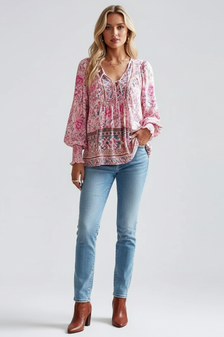 Women’s Floral Top with Relaxed Fit and Long Sleeves