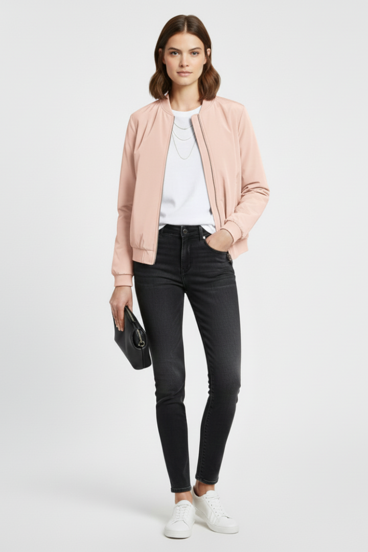 Women’s Bomber Jacket with Ribbed Details and Zipper Closure