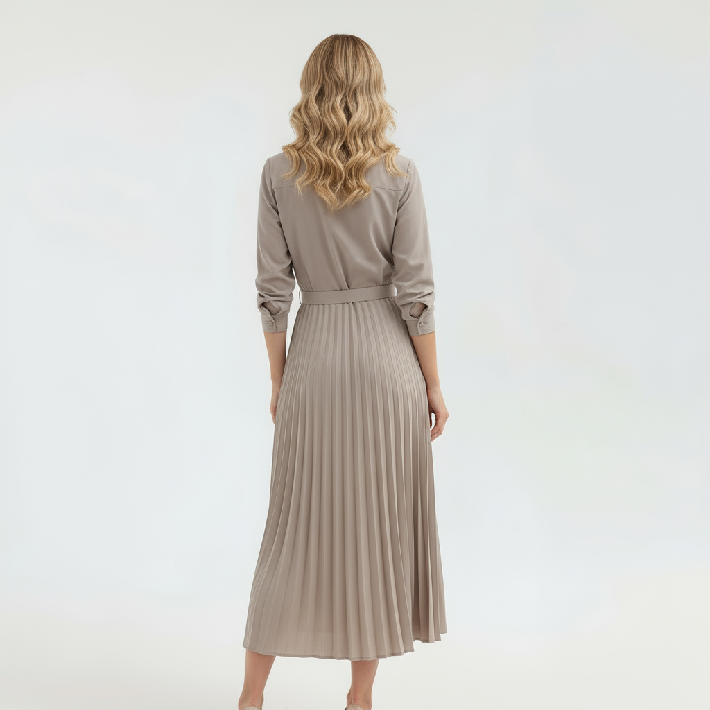 Button-Up Belted Dress with Pleated Skirt