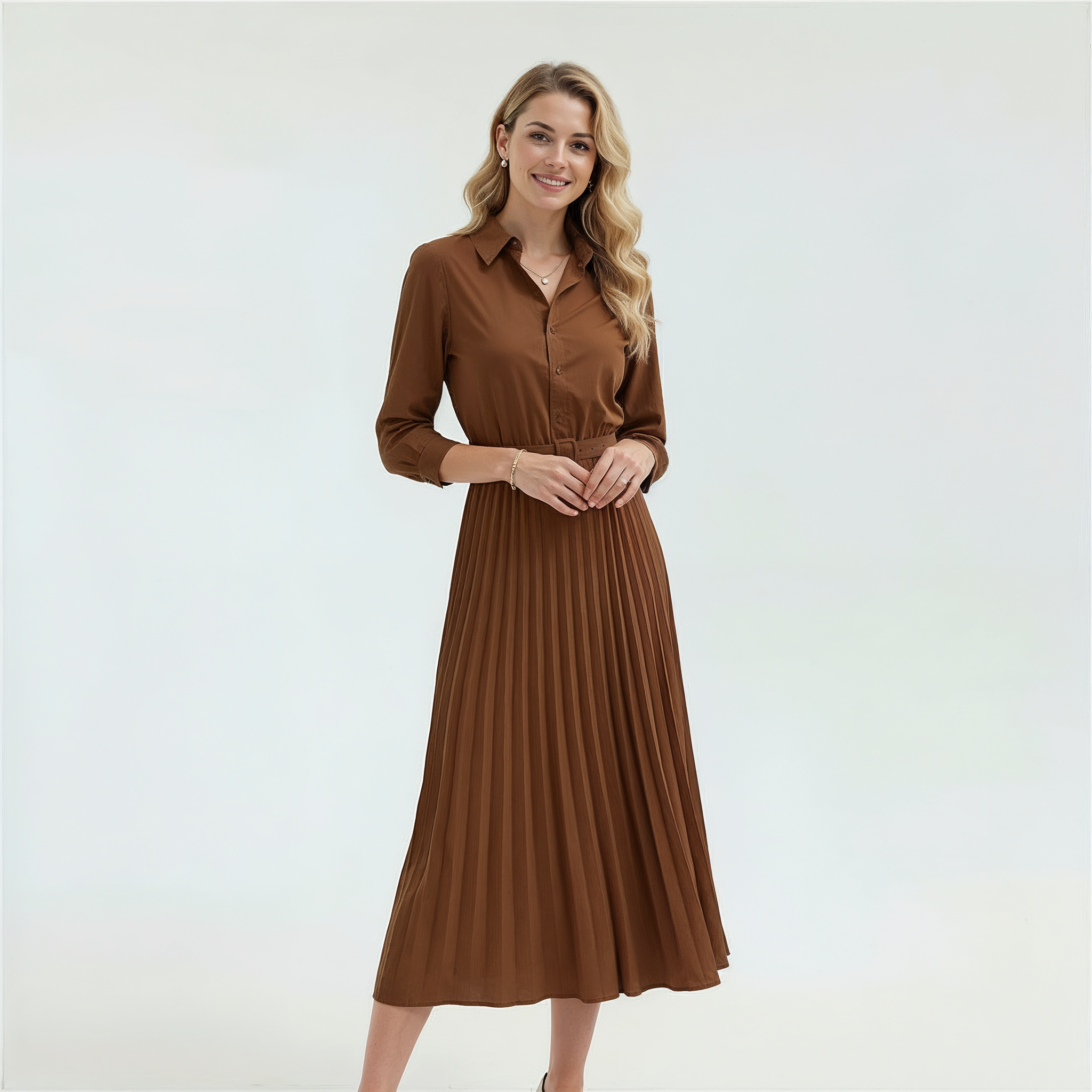 Button-Up Belted Dress with Pleated Skirt