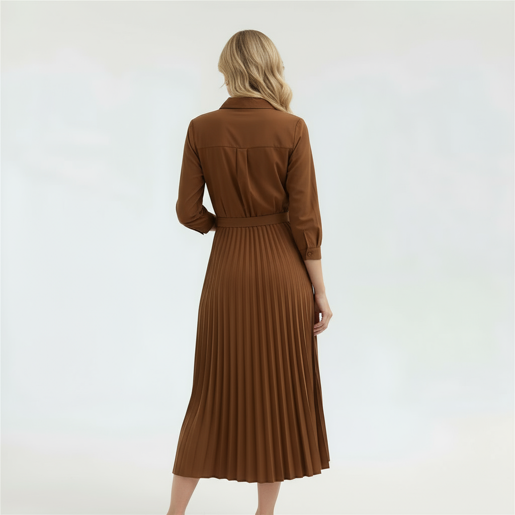 Button-Up Belted Dress with Pleated Skirt
